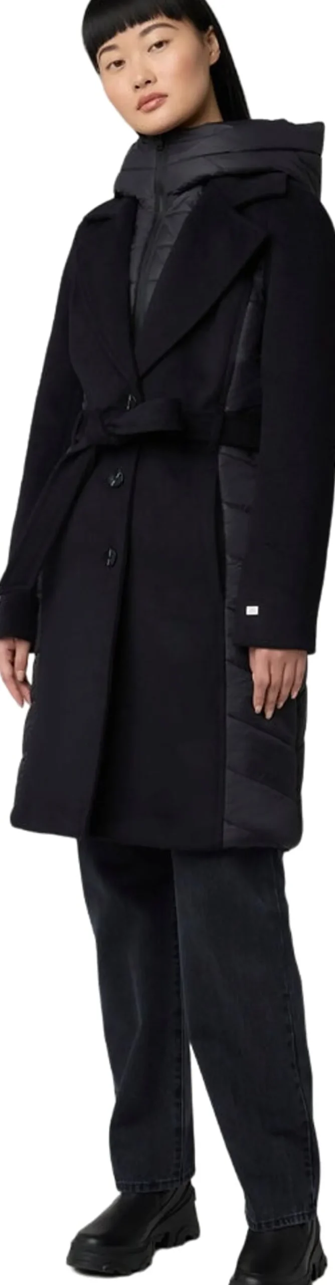 Adeline Slim-Fit Mixed Media Wool Coat with Removable Bib and Hood - Women's