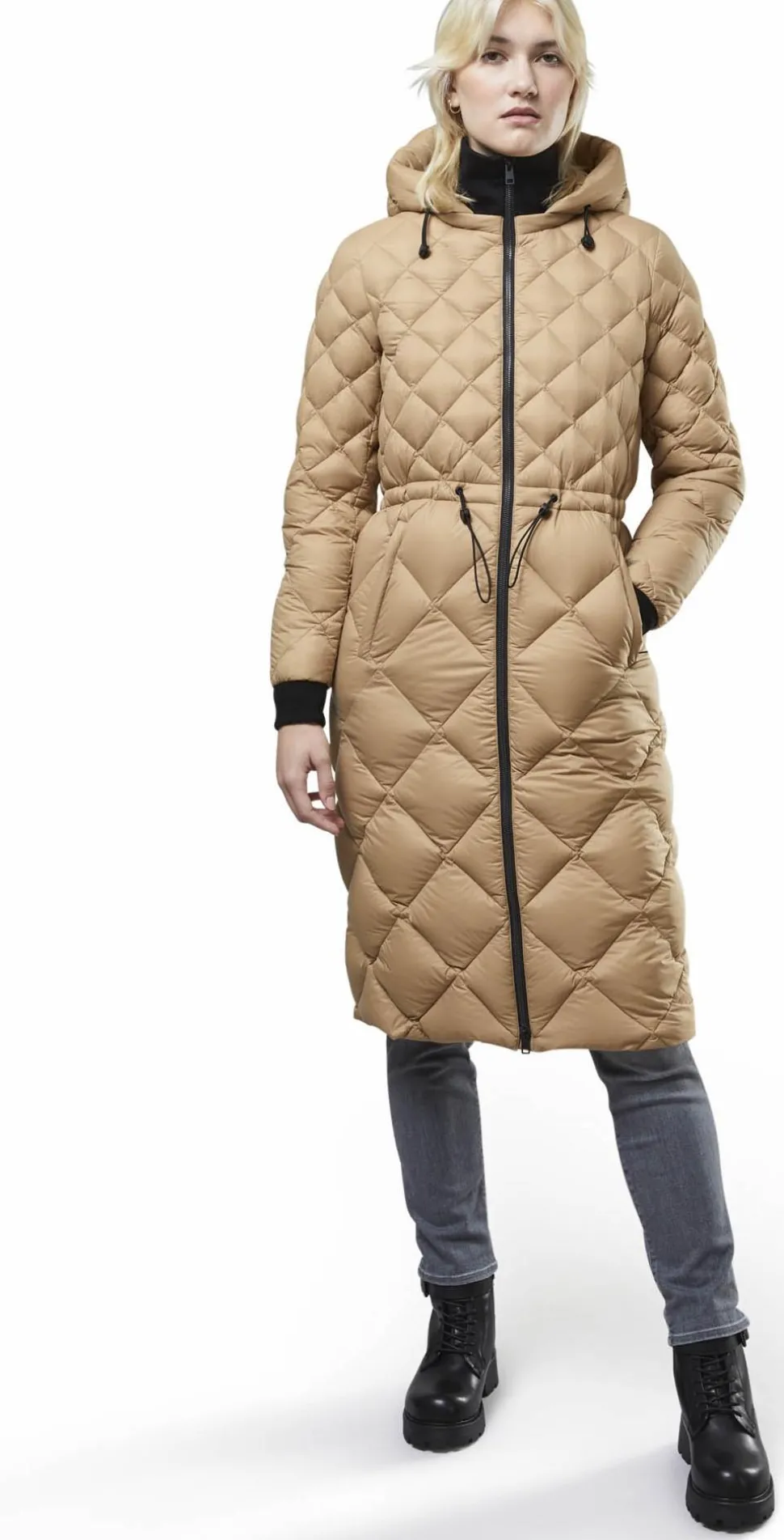Aime Sustainable Calf-Length Lightweight Down Coat with Hood - Women's
