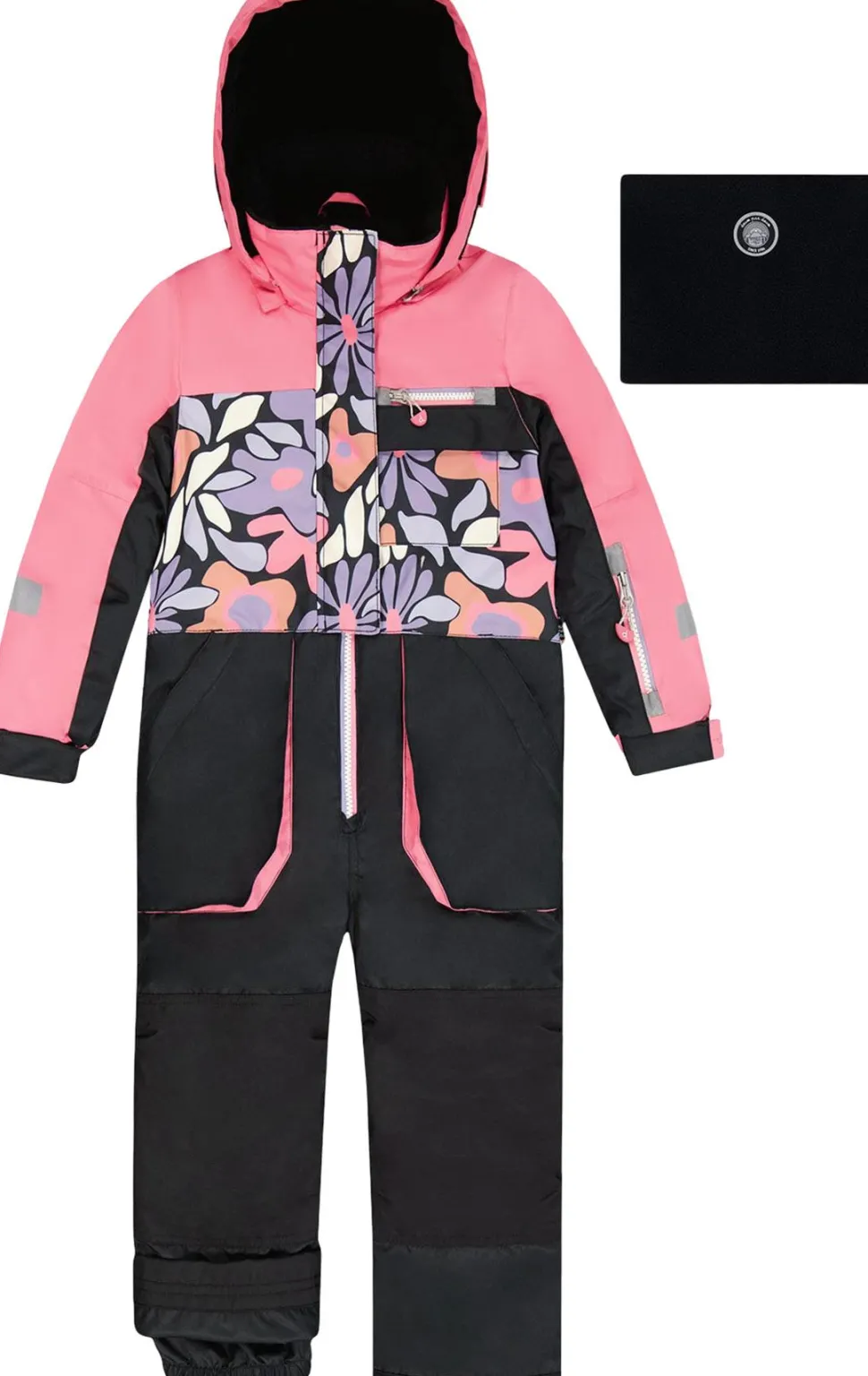 Black Retro Flower Print Play One-Piece Snowsuit - Little Girl