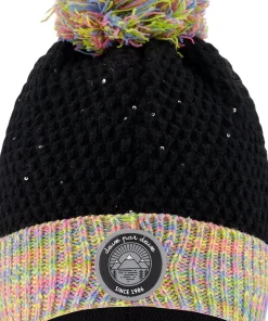 Black-Multicolor Lined Knit Pompom Hat - Little Girl