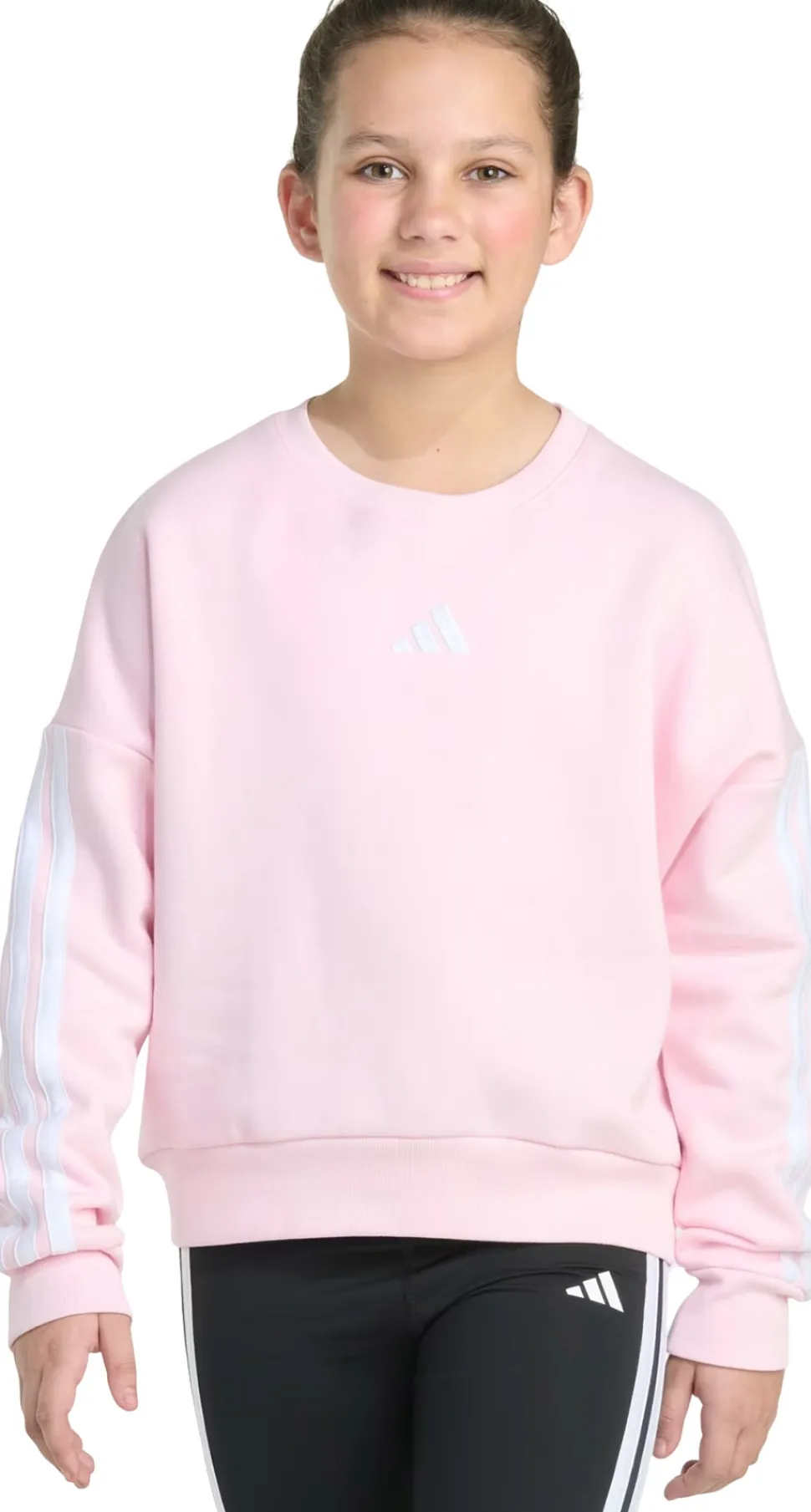 3-Stripes Crew Neck Long Sleeve Fleece Pullover Sweatshirt - Girls
