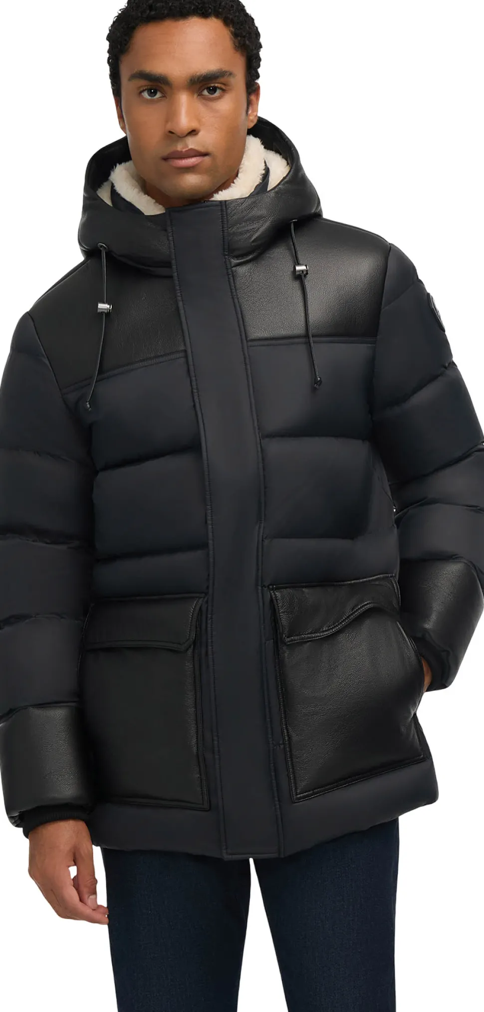 Wolf Mix Media Faux Shearling Puffer Parka with Fixed Hood - Men's