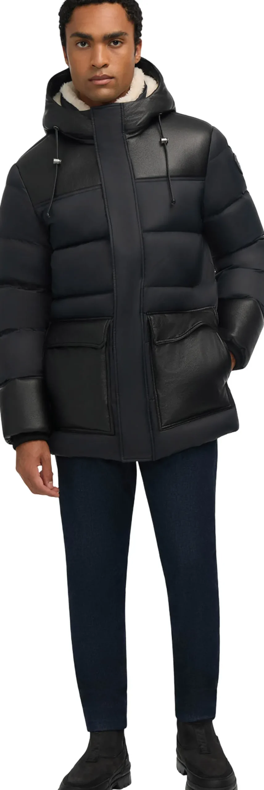 Wolf Mix Media Faux Shearling Puffer Parka with Fixed Hood - Men's